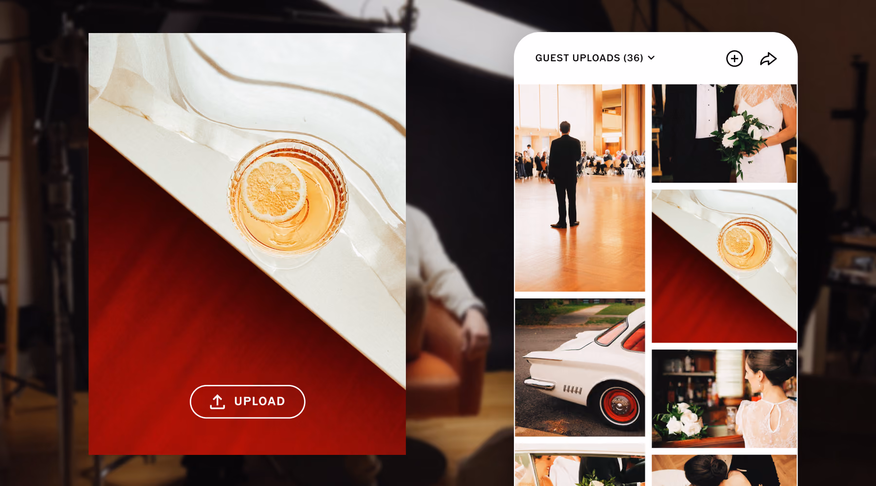 A gallery upload screen beside a phone showing a guest uploads section filled with wedding photos.
