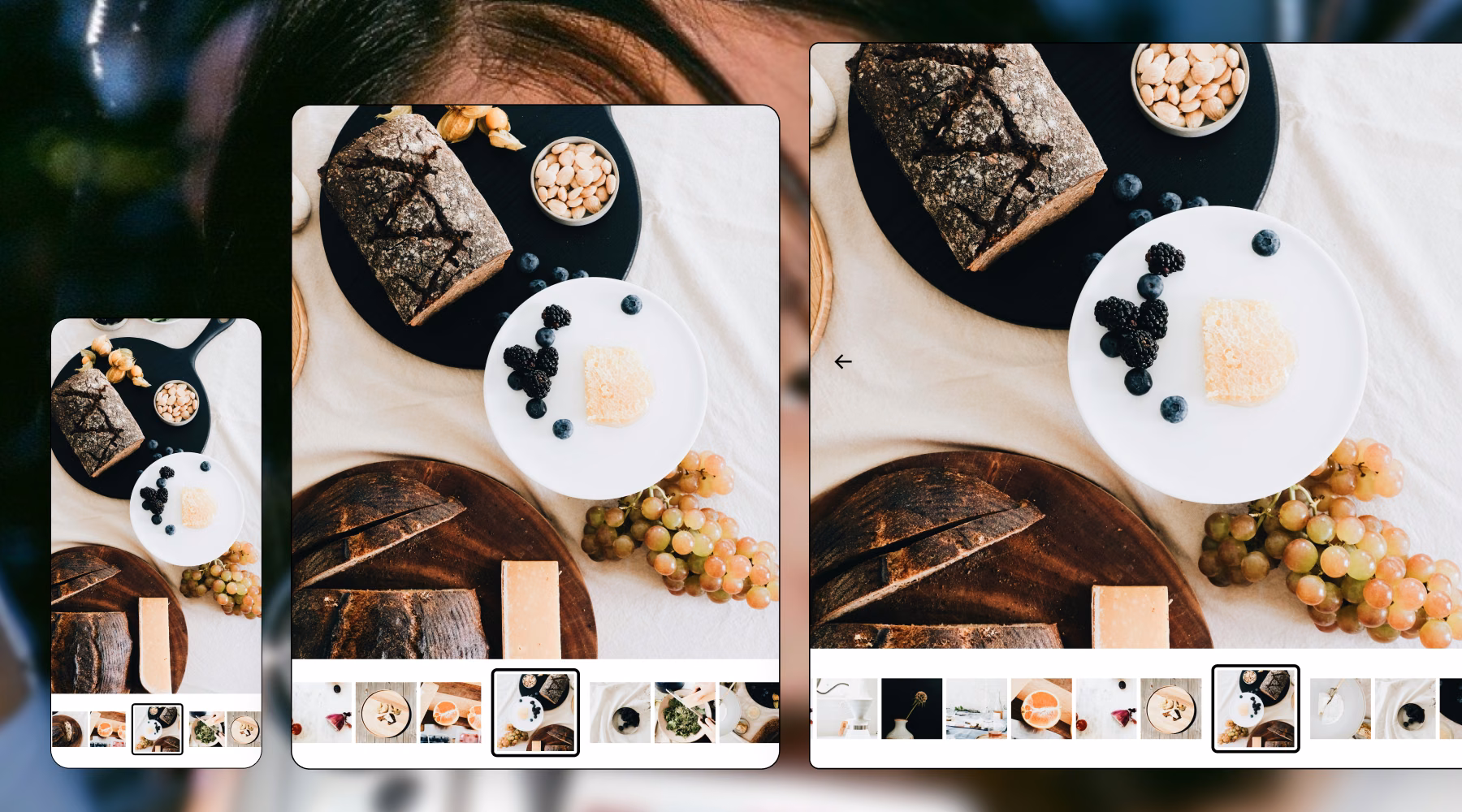 One VSCO gallery shown on phone, tablet, and desktop, featuring a food flat lay photo and a thumbnail strip.