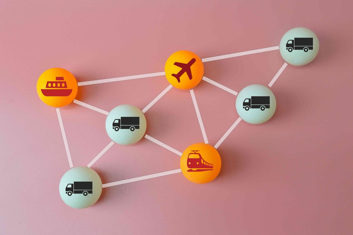 Colorful Transport Network Diagram with Icons of Trucks, Airplane, Train, and Ship Connected by Lines on Pink Background