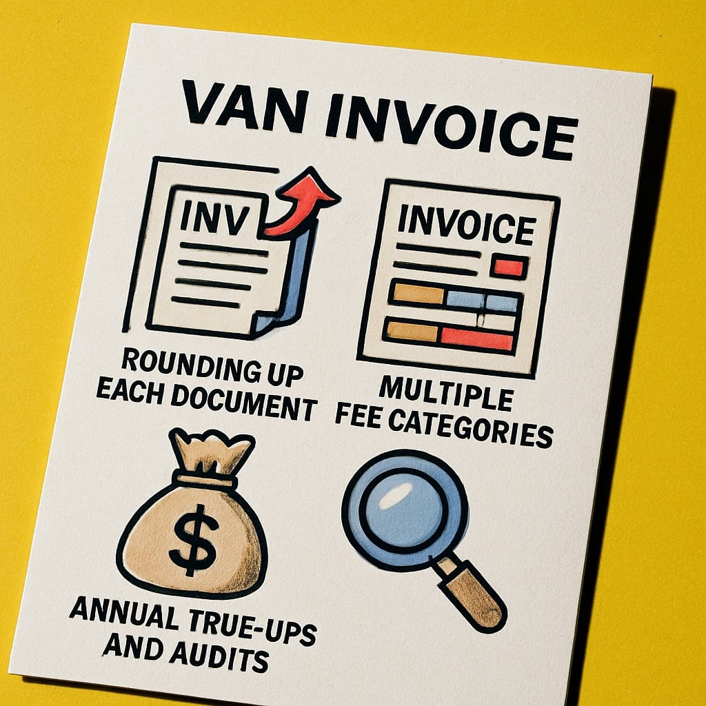 Van Invoice Infographic with Illustrated Elements Highlighting Document Rounding, Multiple Fee Categories, Annual True-Ups, and Audits on Yellow Background