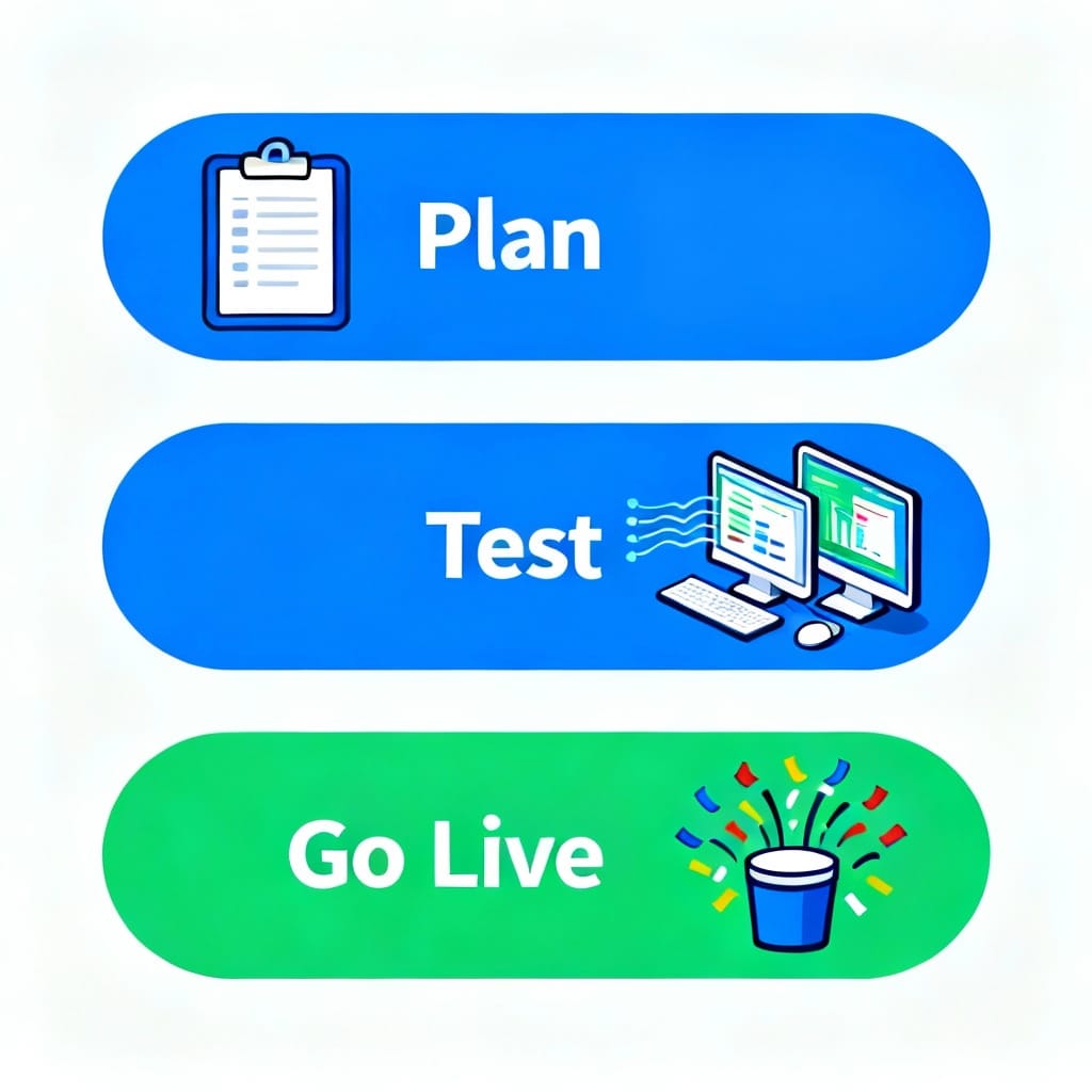 Three-Step Process Illustration Featuring Plan with Clipboard Icon, Test with Computer Monitors, and Go Live with Confetti Celebration