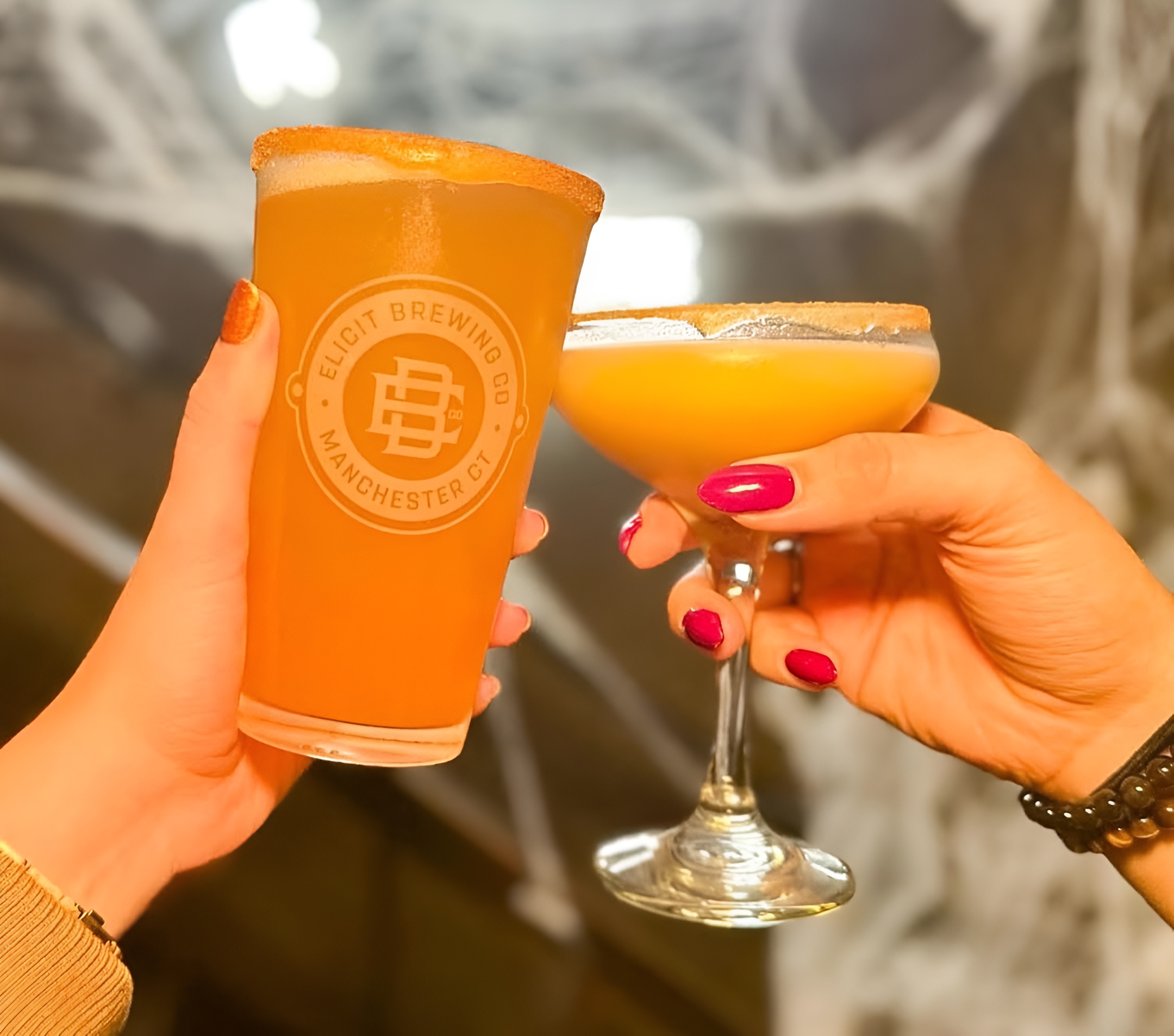 Pumpkin Spice Lager and a cocktail served at Elicit Brewing in Manchester, Connecticut