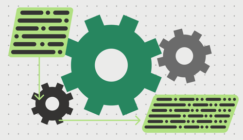 Against a natural background with repeating black plus signs, a smaller green panel of code in top left corner is shown getting processed into three cogs at the center of the visual, and exiting back out as a larger, final panel of code.