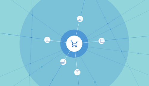 Icons of card transactions linking to a shopping cart