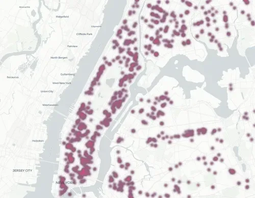Heatmap of stores inspected as part of NYC's Operation Padlock to Protect, its crackdown on illegal cannabis dispensaries, from the period of May 15, 2024 until August 15, 2024. This heatmap displays inspections/raids done by the NYC Department of Consumer and Worker Protection and the New York City Sheriff’s Office; data for inspections/raids done by the Sheriff’s Office alone as well as those performed between September and December 2024 are not available