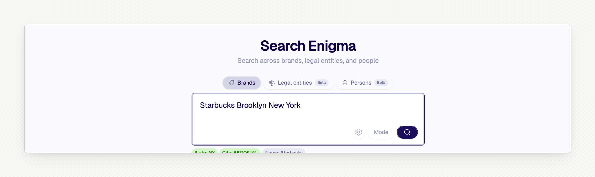 Enigma Console search parsing "Starbucks Brooklyn New York" into structured fields: State: NY, City: BROOKLYN, Name: Starbucks