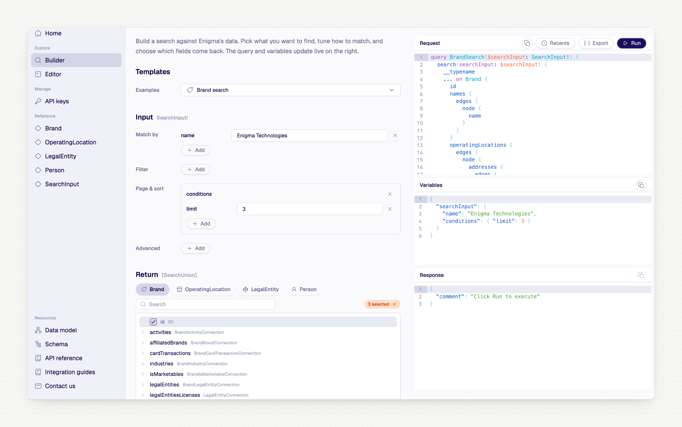 Enigma API Playground: visual query builder with entity type browser, live GraphQL preview, and response panel