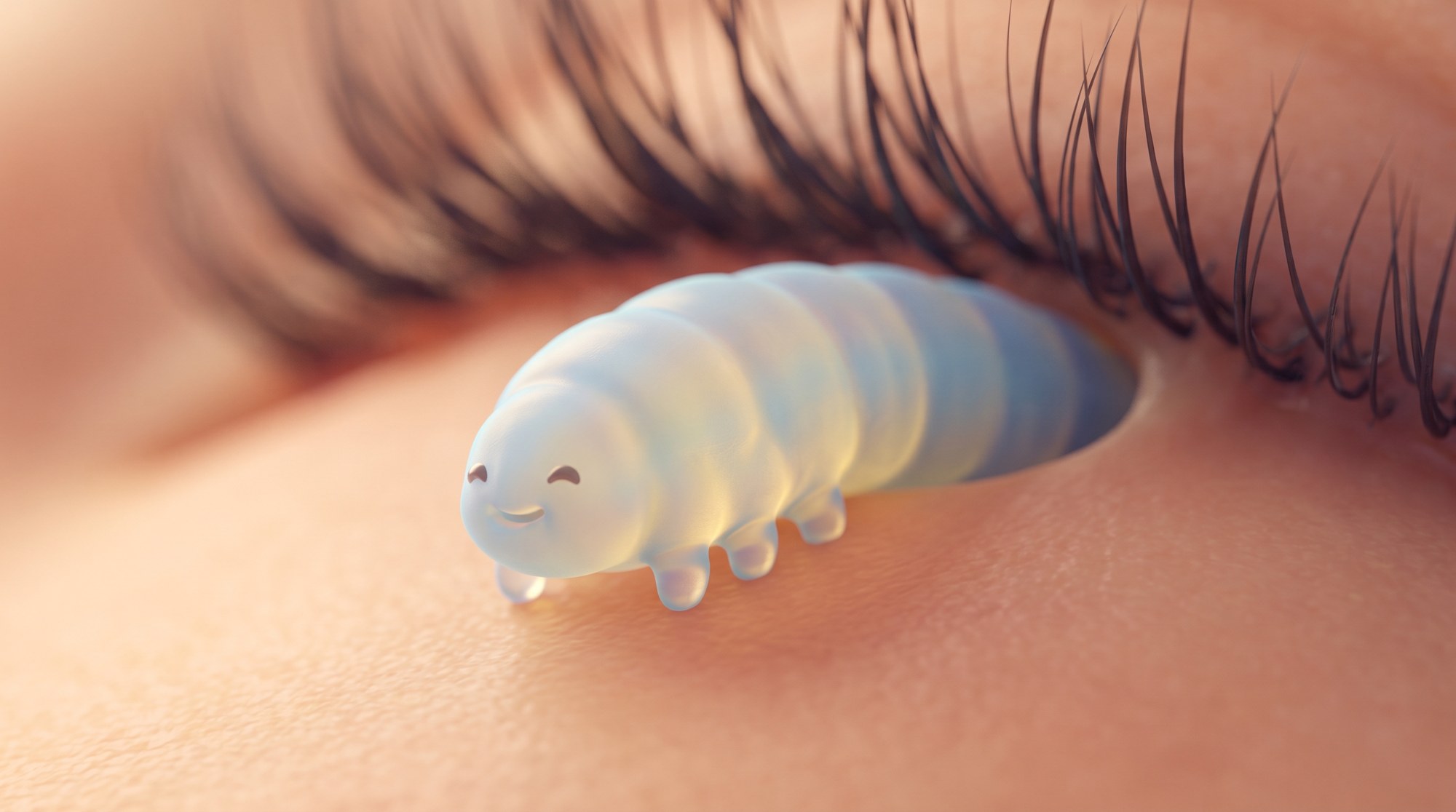 Illustration of a Demodex mite at the base of an eyelash