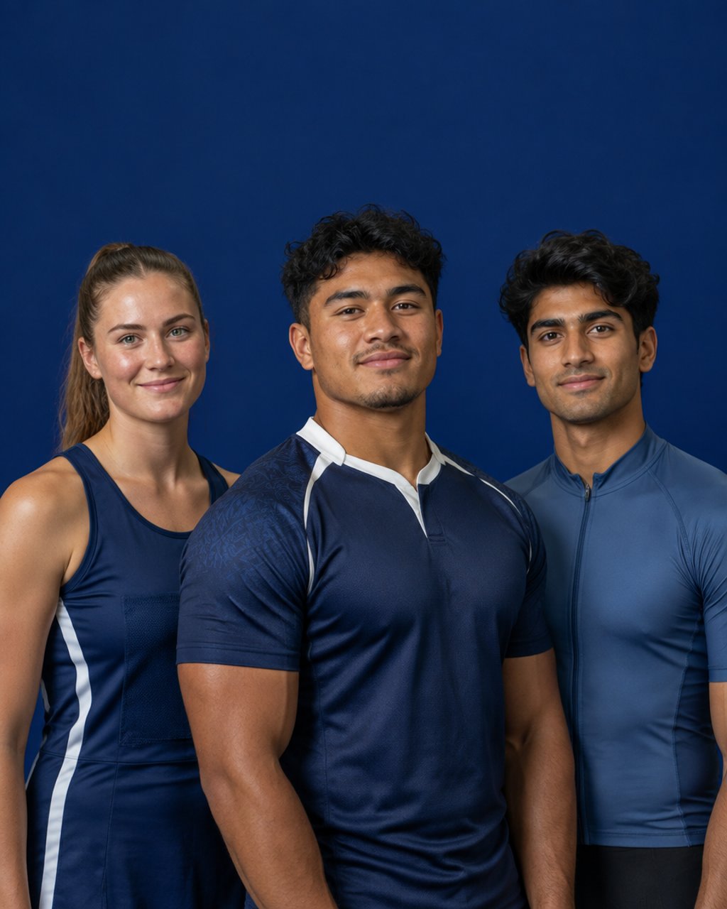 Three young New Zealand club athletes against a deep navy studio backdrop