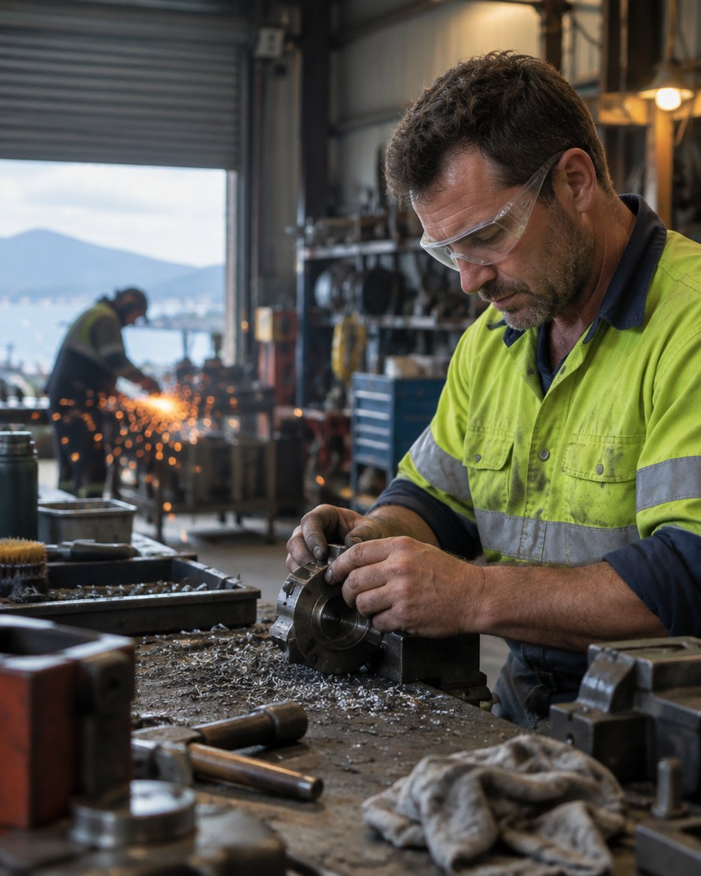 A tradesman in hi-vis wearing protective eyewear at a workshop bench