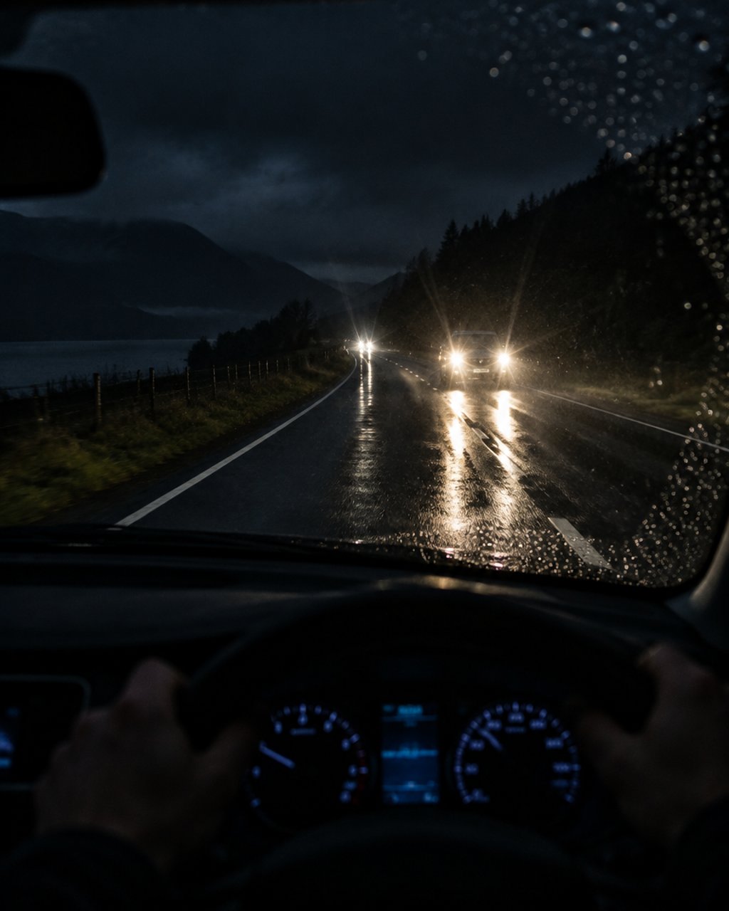 Oncoming headlights blooming into starbursts on a wet rural highway at night
