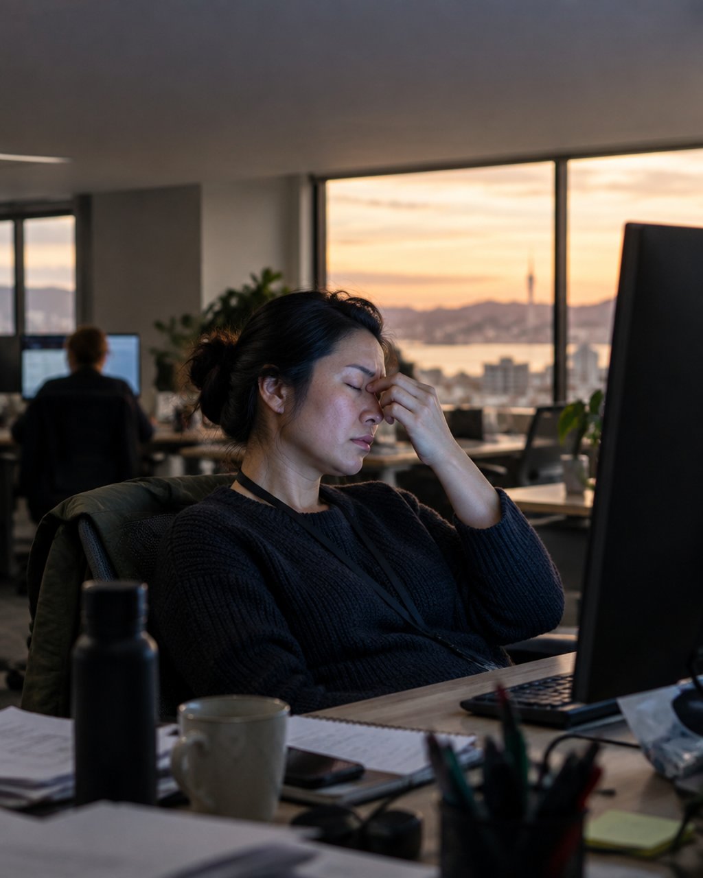 An office worker rubbing her eyes late in the day in front of a monitor