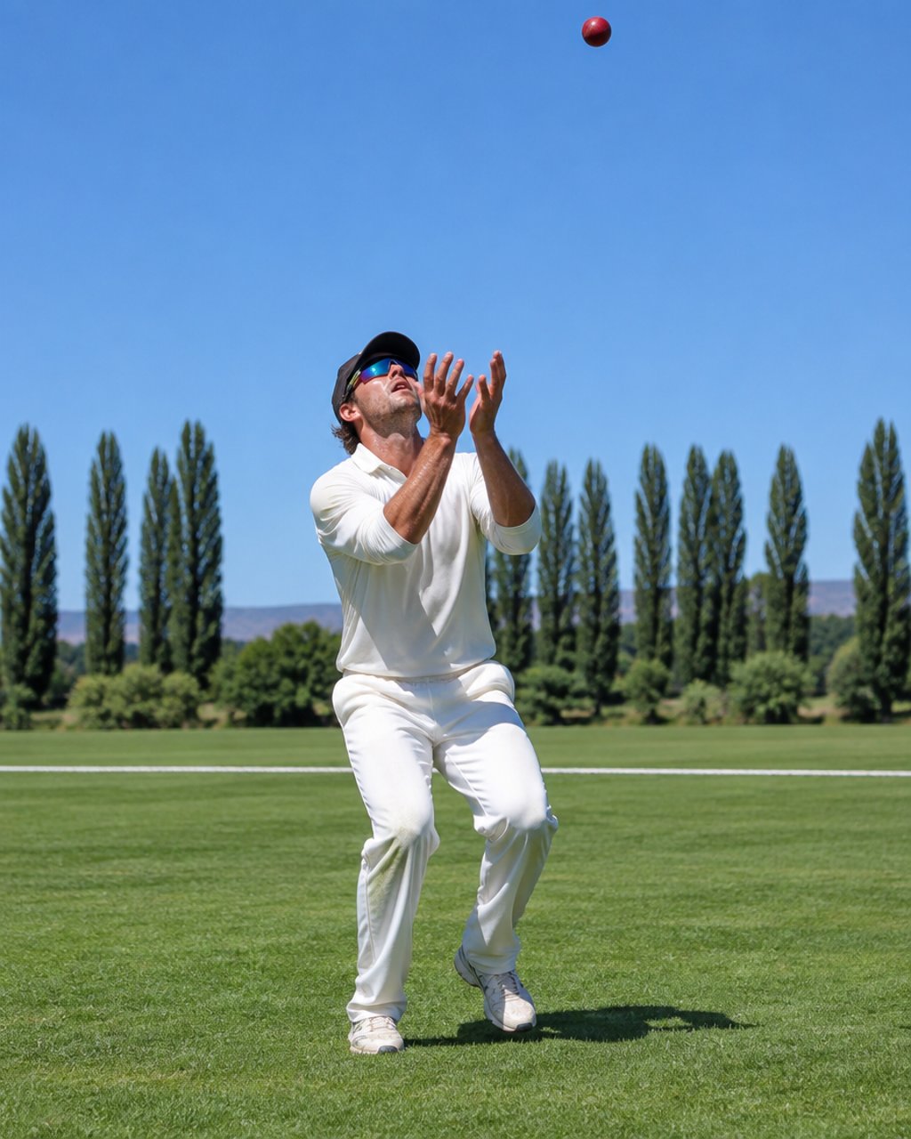A cricket fielder in sunglasses tracking a high ball against a bright sky