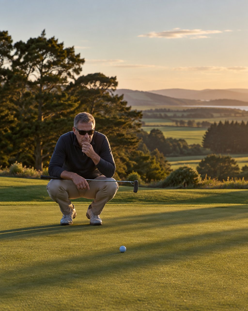 A golfer crouched behind his ball reading the line of a putt in low afternoon light