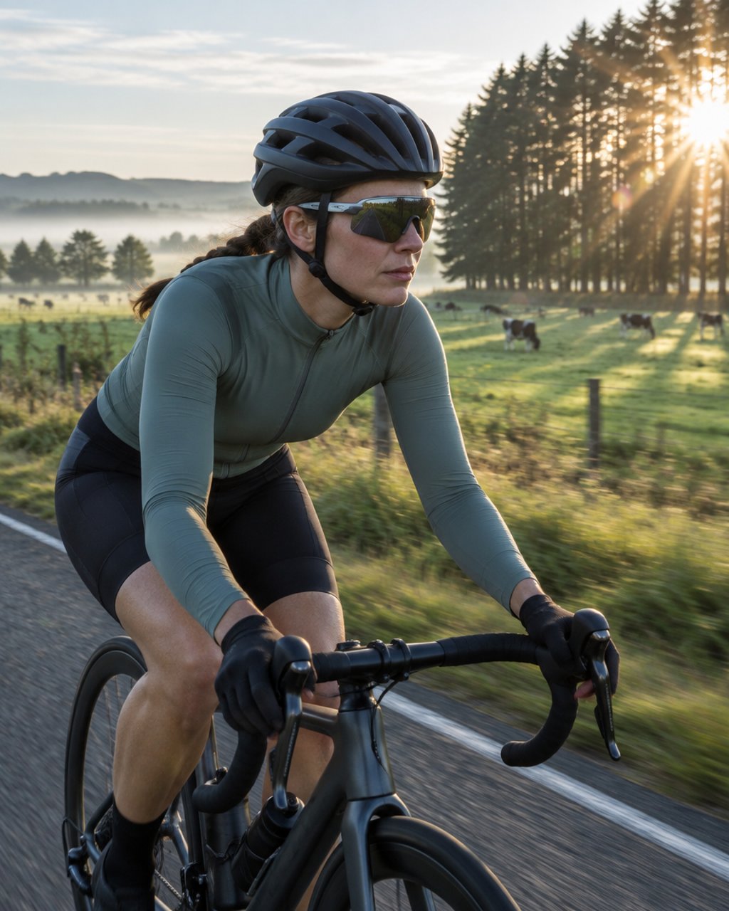 A road cyclist riding past Waikato dairy paddocks in early morning light