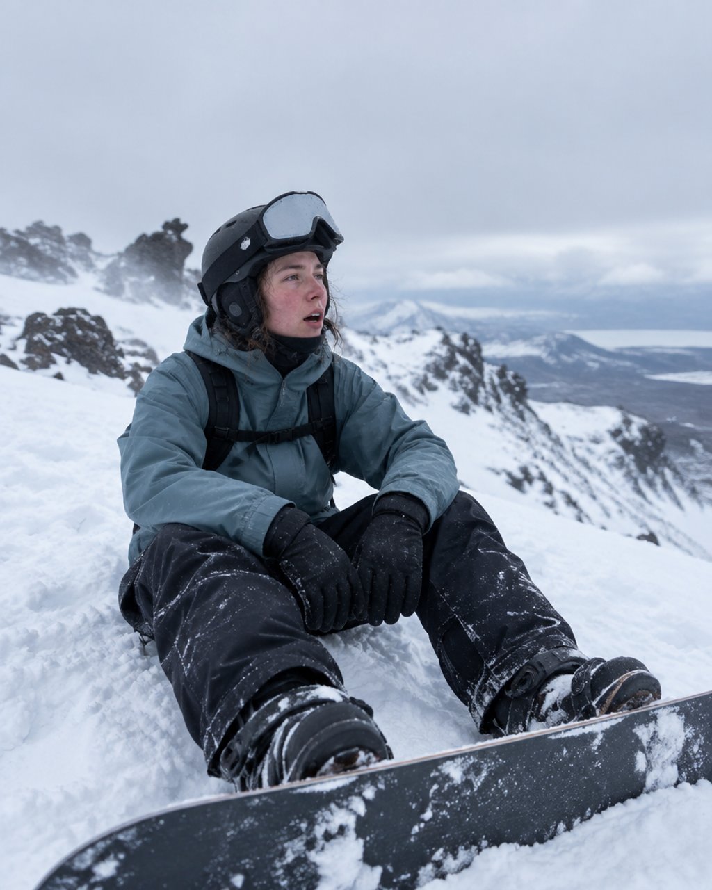 A snowboarder resting on the snow with goggles pushed up on the helmet