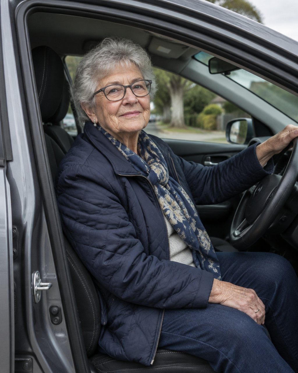 An older New Zealand woman sitting confidently in the driver's seat of her car