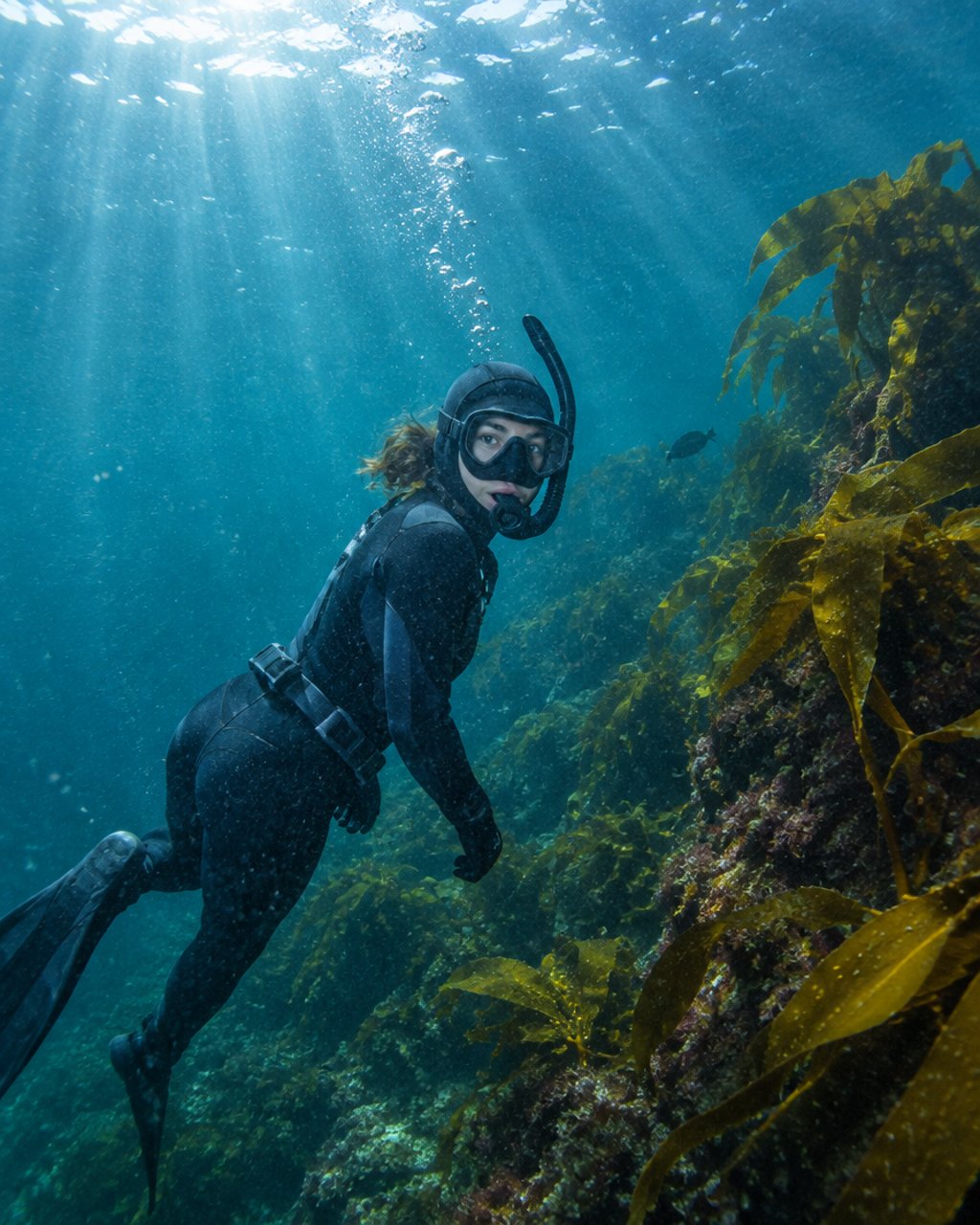 A diver in a mask beside a kelp reef in clear New Zealand coastal water