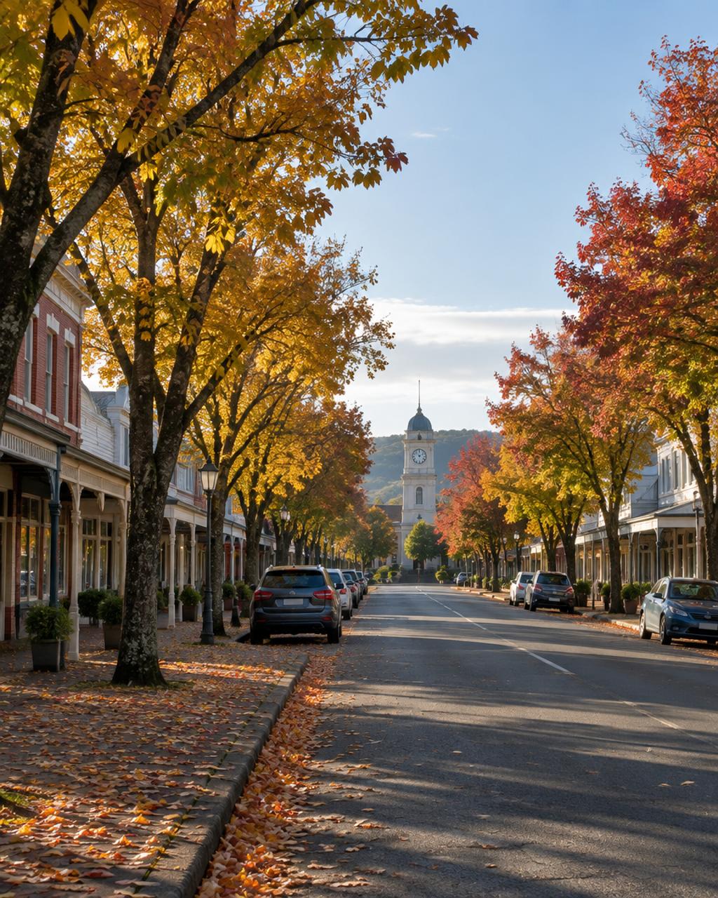 A tree-lined provincial New Zealand town avenue in autumn