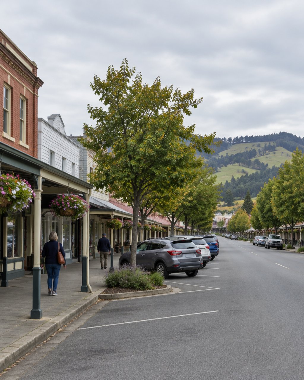 A New Zealand small-town main street on a calm weekday morning
