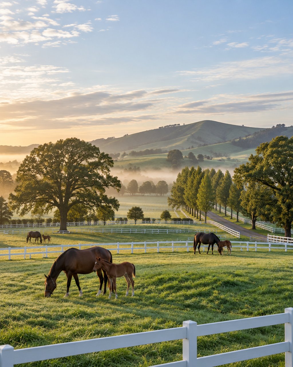 New Zealand thoroughbred country with white post-and-rail fences and mares grazing