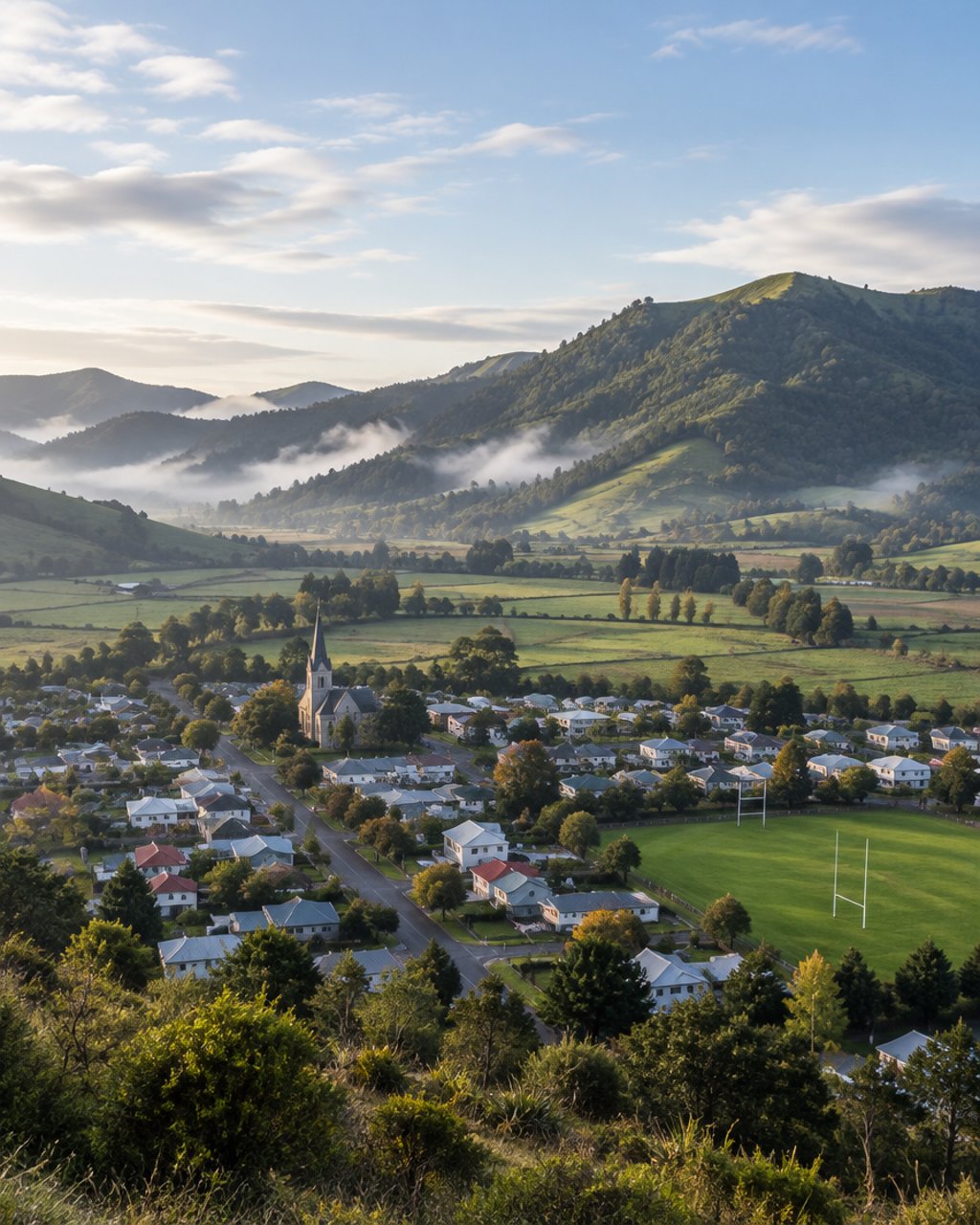 A New Zealand country town at the foot of green bush-covered hills