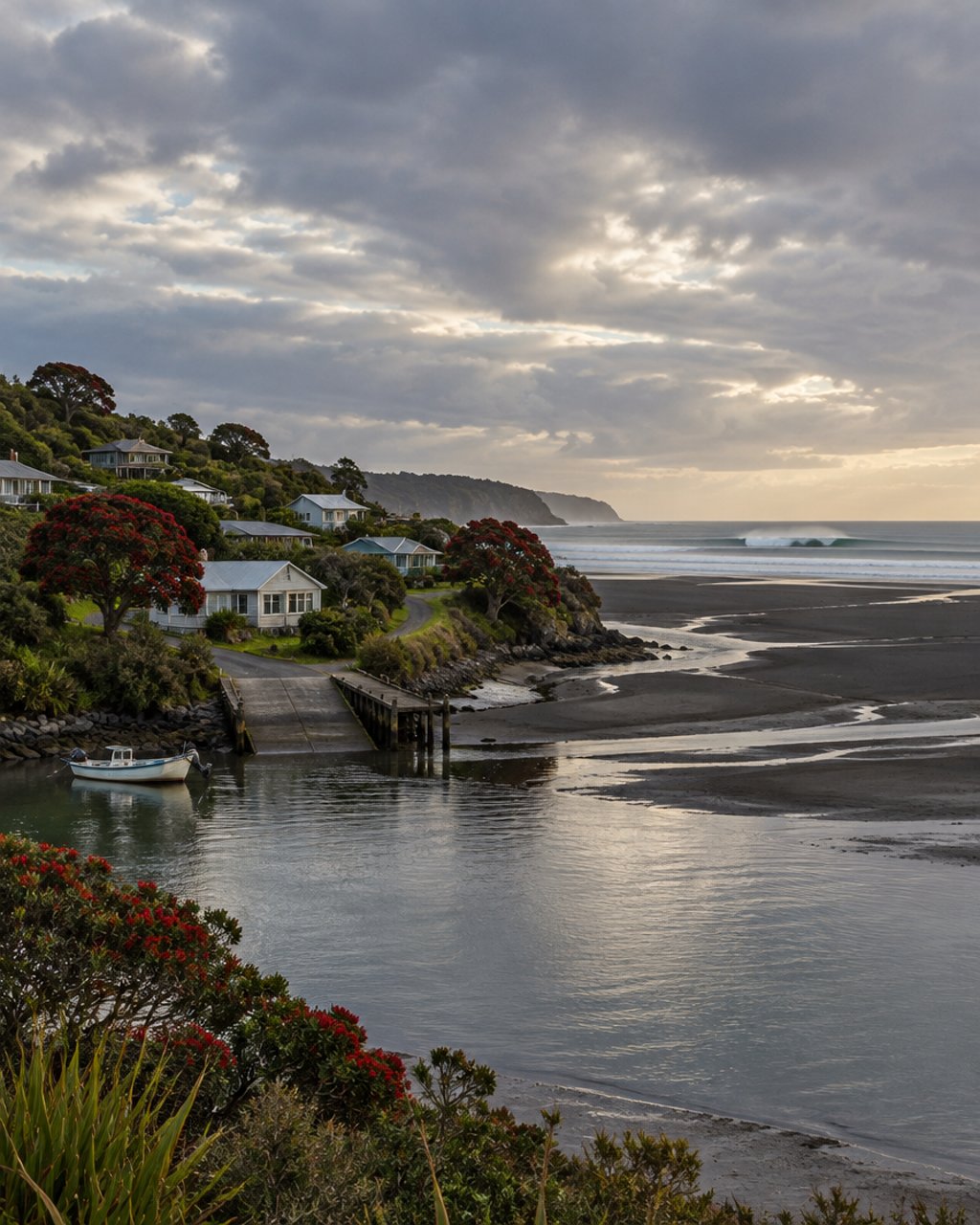 A west-coast New Zealand harbour town at the mouth of a tidal estuary