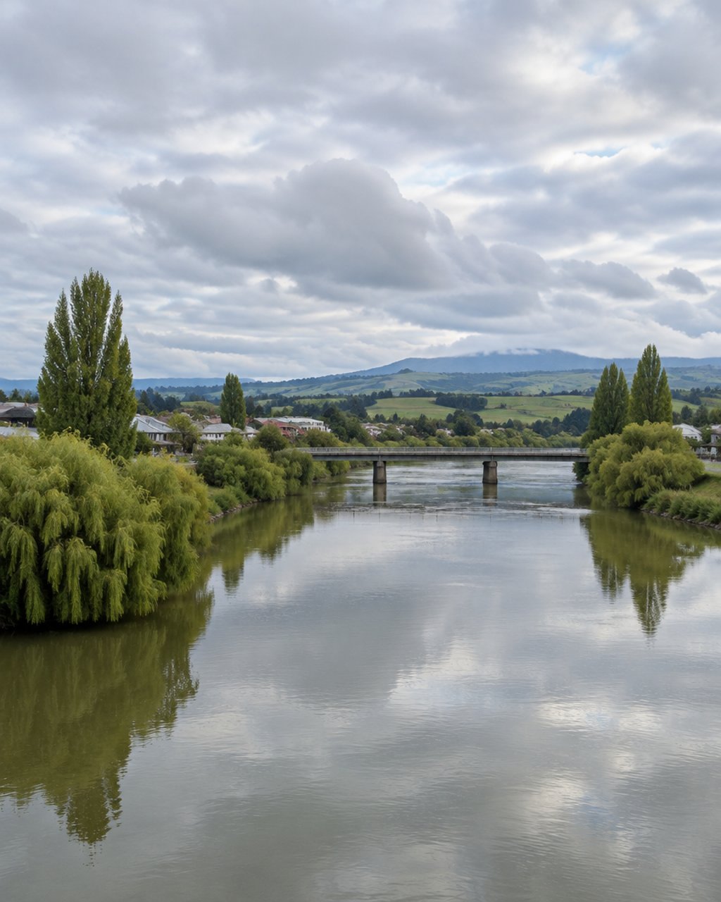 A wide slow New Zealand river running past a small town, road bridge in the distance