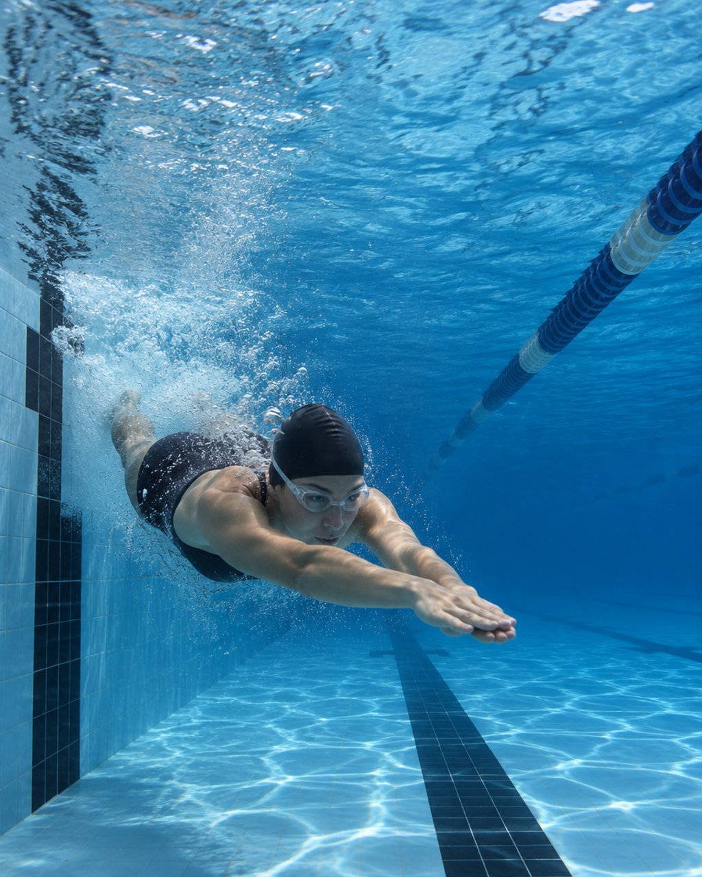 A competitive swimmer pushing off the wall underwater in clear blue pool water