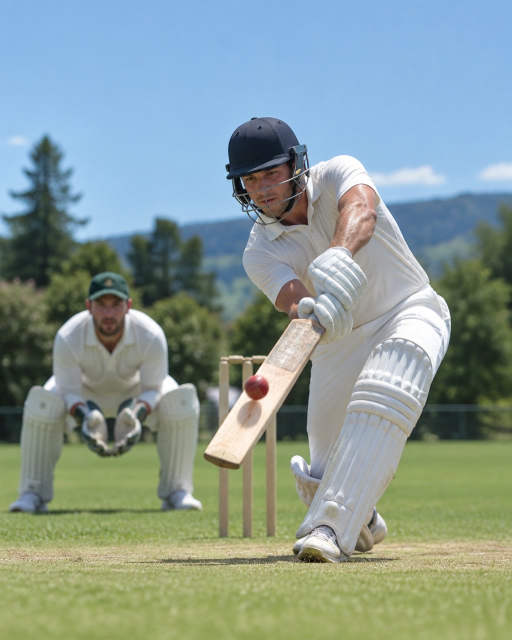 A cricket batter at the crease watching the ball onto the bat