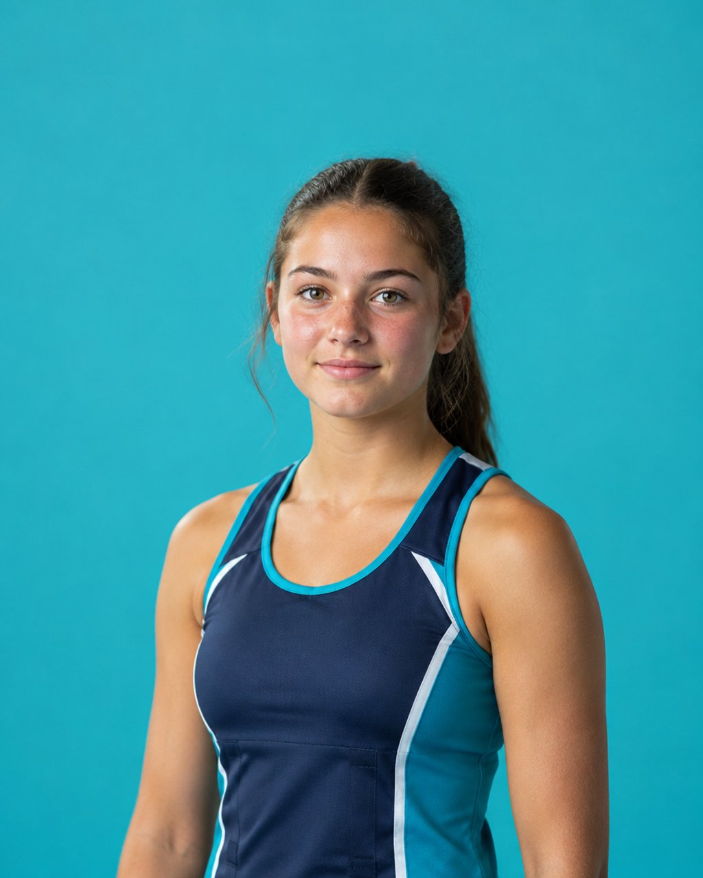 A teenage netball player against a flat cyan studio backdrop