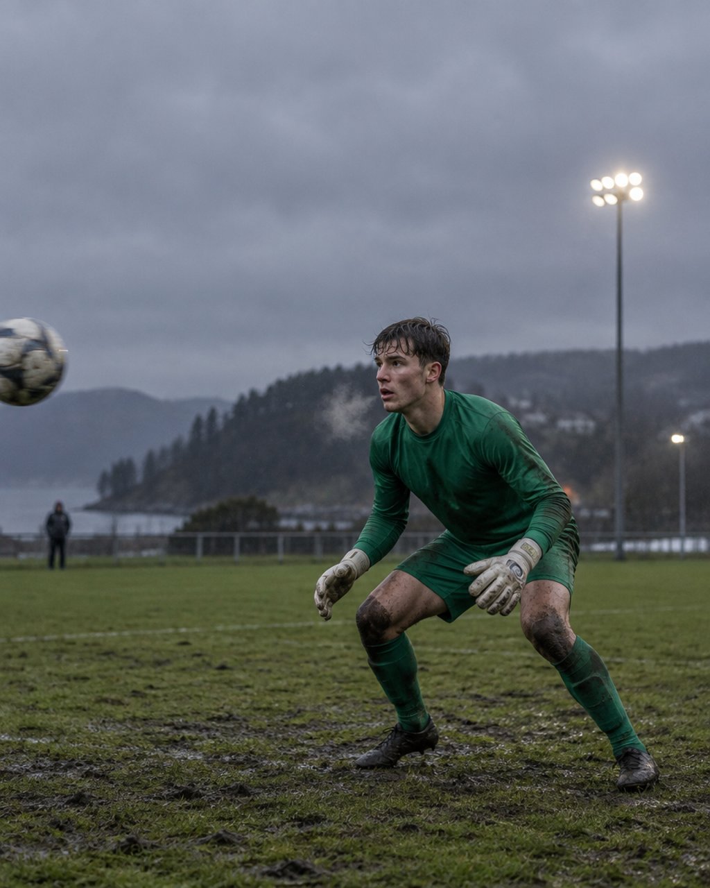 A goalkeeper set on a muddy winter pitch under early floodlights