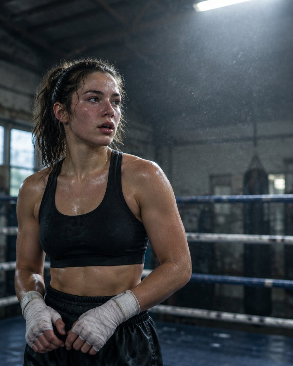 A boxer with hands wrapped, catching her breath between rounds in a gym