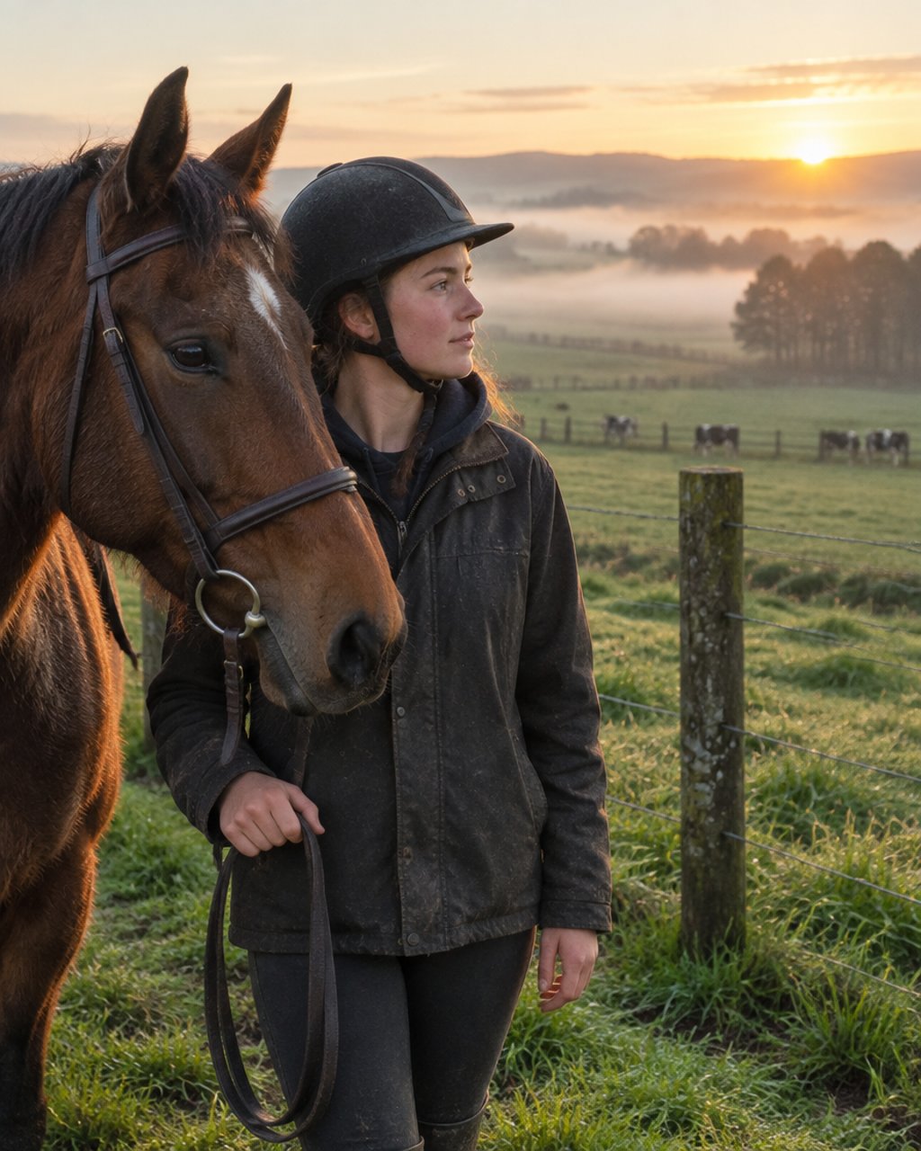 A young rider standing at her horse's shoulder on a misty Waikato farm