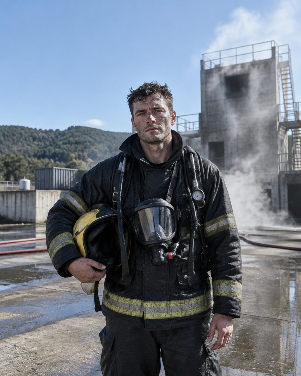 A firefighter at a training ground, helmet off and breathing apparatus at the chest