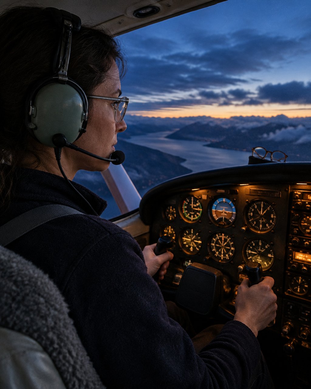 A pilot wearing spectacles scanning the instruments of a light aircraft at dusk