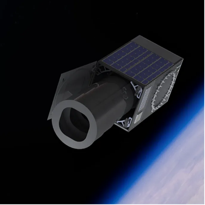 Satellite with solar panels orbiting above Earth's atmosphere against a black space background.