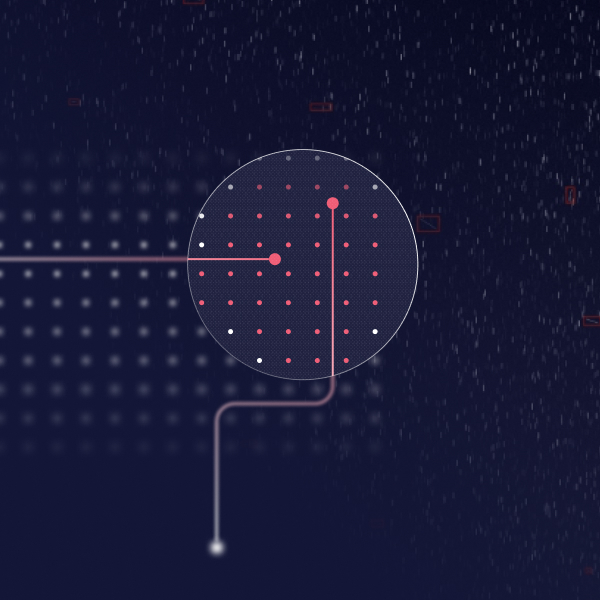 Gray-scale image showing small moving objects highlighted with red boxes against a dark textured background.