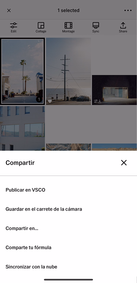 Compartir Más opciones Guardar en el rollo de la cámara Copiar ediciones Aplanar un duplicado Regresar al original Eliminar borrador