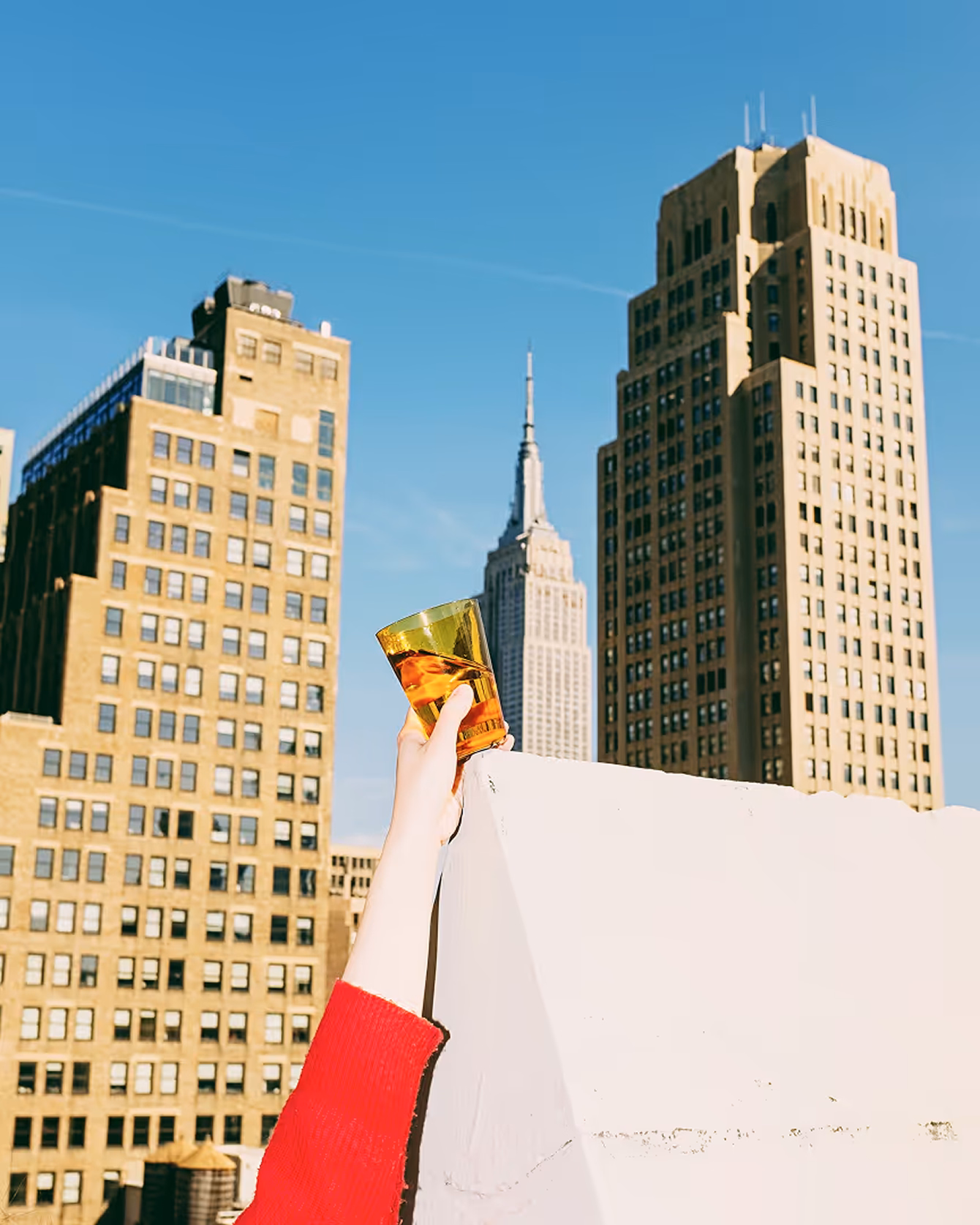 Hand raising a glass over city skyline by Cody Guilfoyle