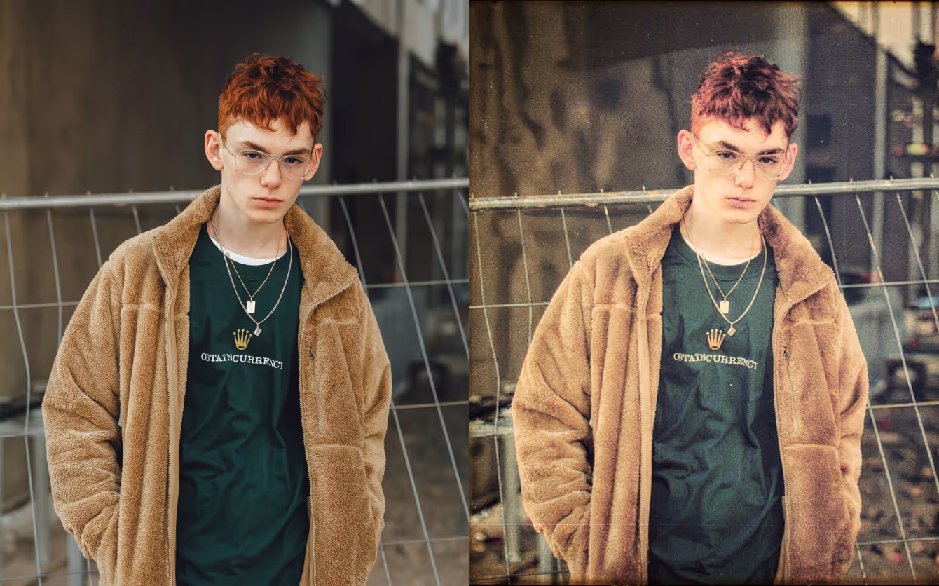 Before and after applying 90s point and shoot effect with AI photo editor