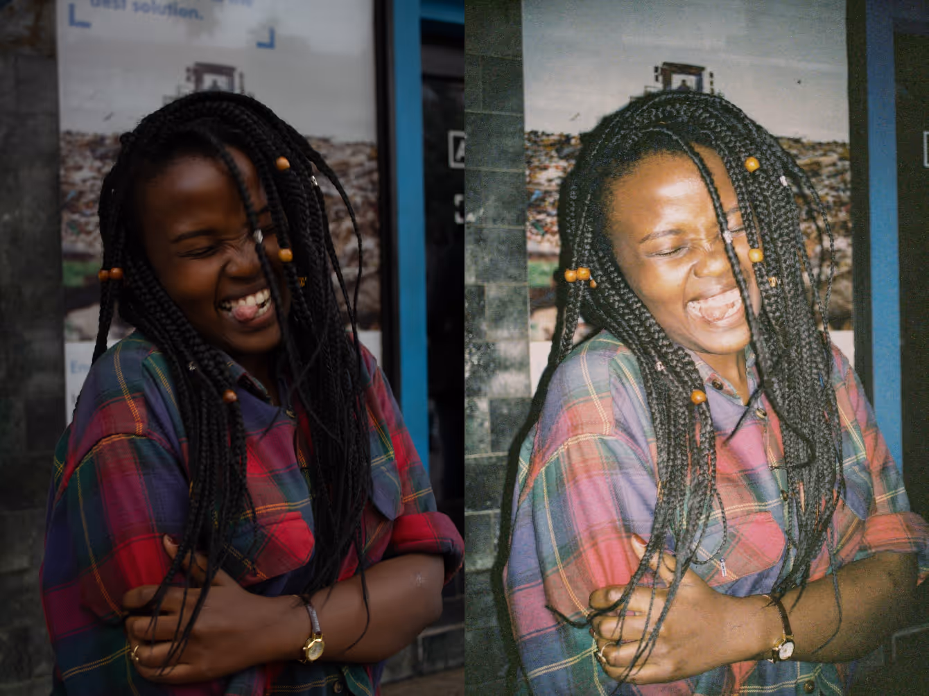 Before and after point and shoot flash photography look applied with AI