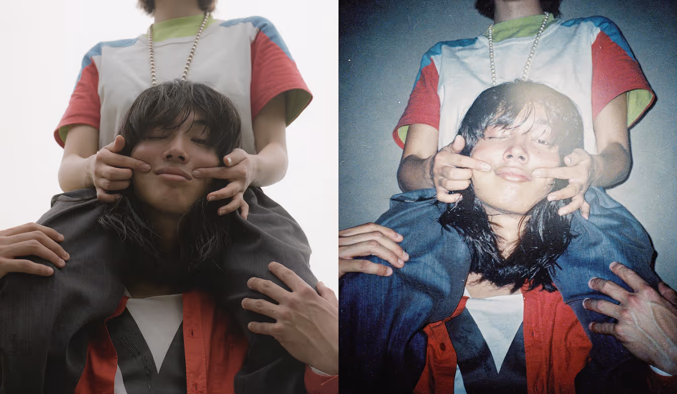 Before and after image edited with AI text prompt 'Add vintage flash, distressing, and point and shoot digicam effect.' in VSCO app