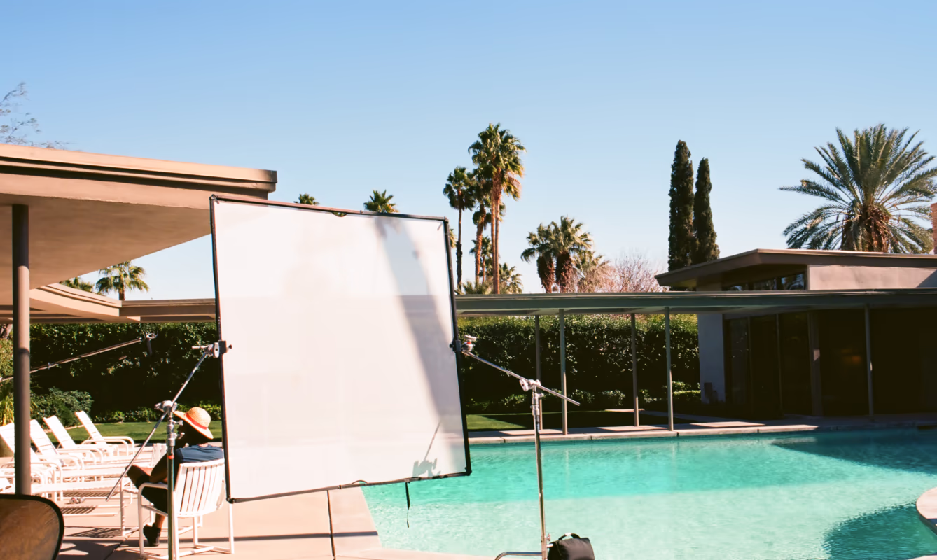 Outdoor photography set near a pool
