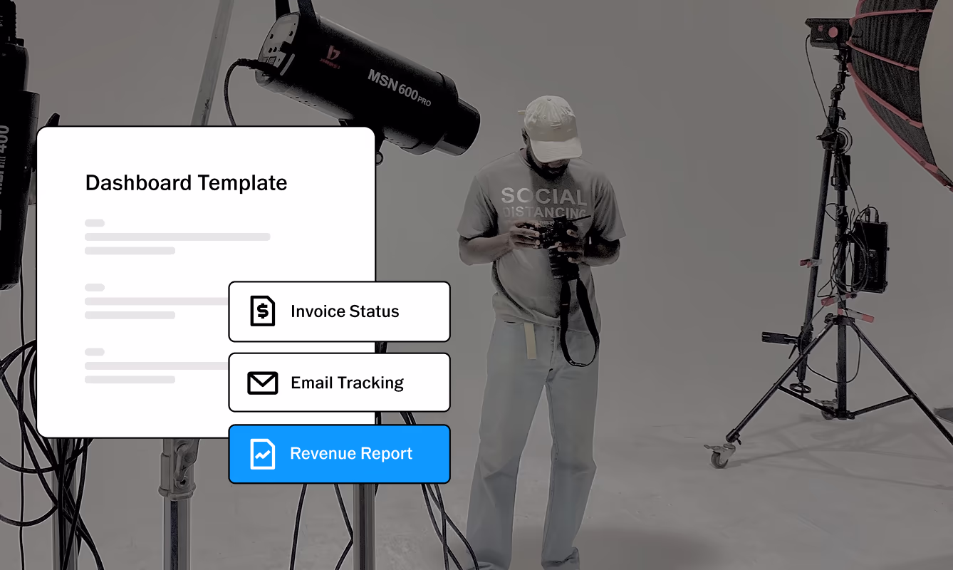 Dashboard template, Invoice Status, Email Tracking, Revenue Report UI overlaid on image of professional photographer on set
