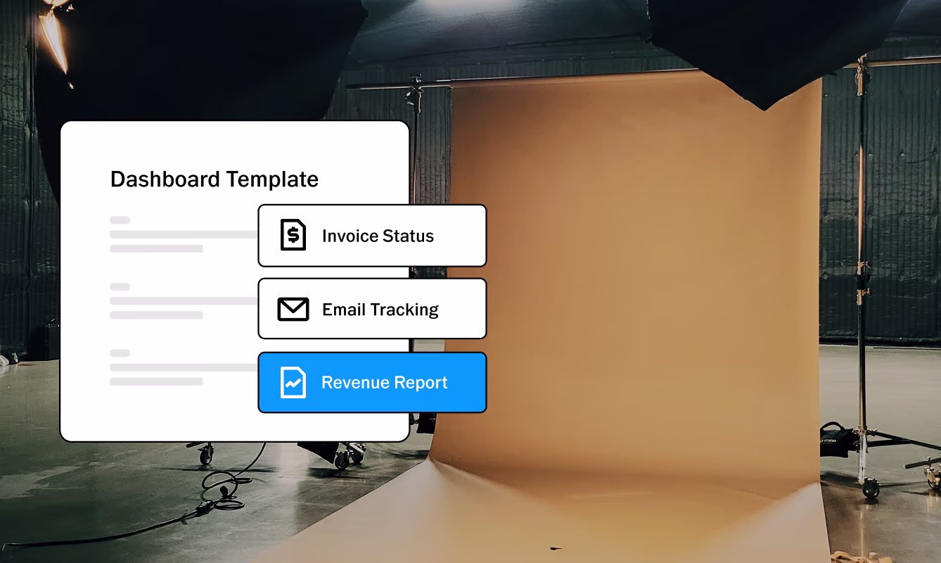 Client management UI for Dashboard Template, Invoice Status, Email Tracking, and Revenue Report overlaid on photography studio set