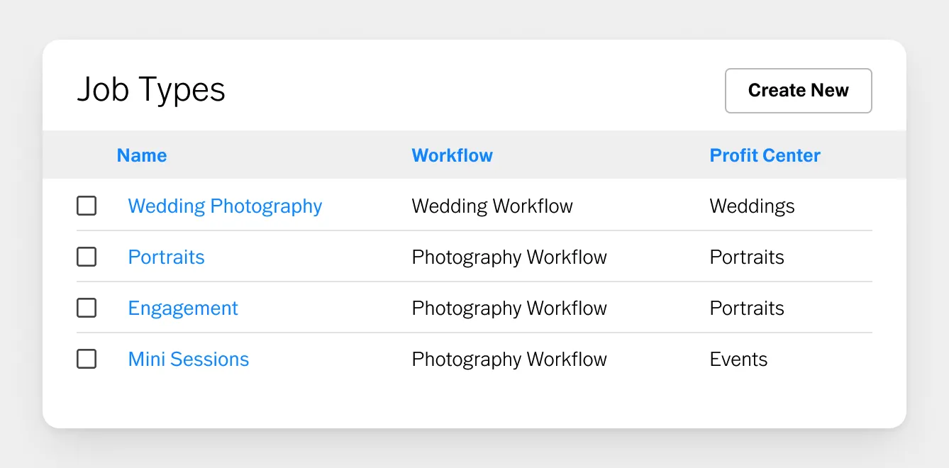Tipos de trabalho de fotografia no VSCO Workspace: casamento, retratos, ensaio pré-casamento e minissessões
