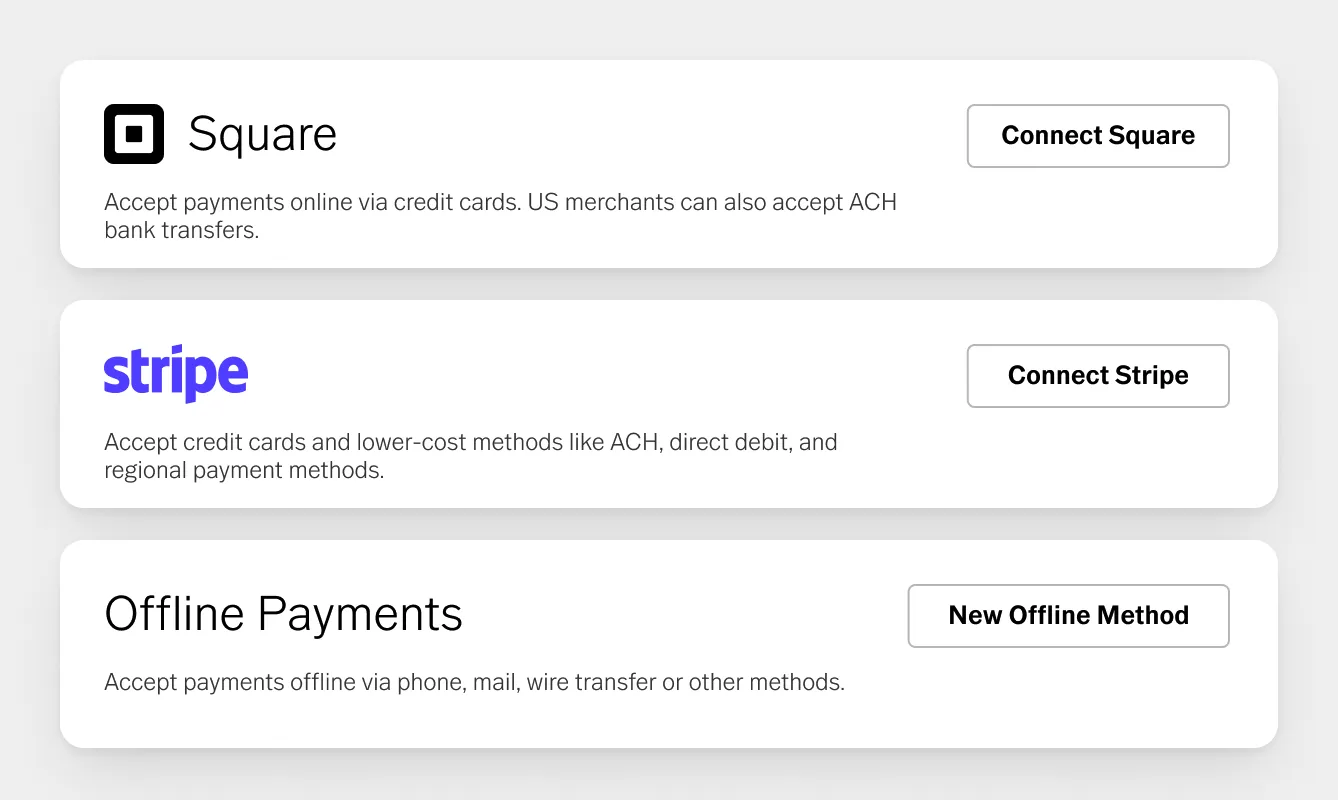 Formas de pagamento disponíveis no VSCO Workspace: Square, Stripe e pagamentos offline por telefone, correio, transferência bancária ou outros meios