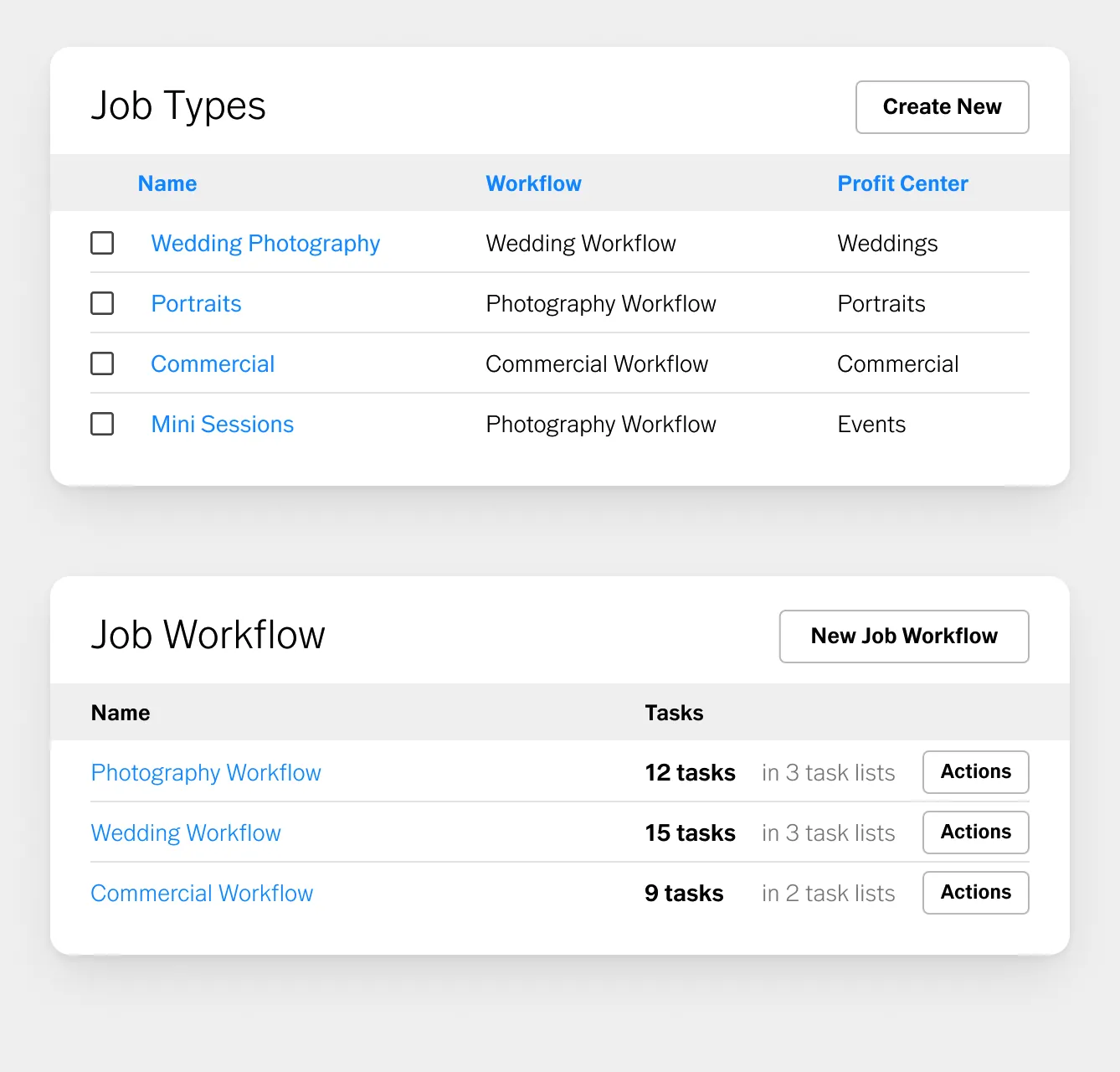 Tipos de trabalho de fotografia e interface de fluxos de trabalho no VSCO Workspace para automatizar a gestão do estúdio