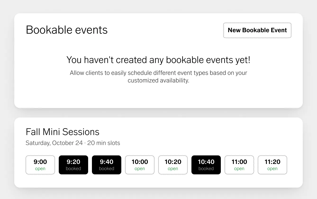Interface de eventos agendáveis no VSCO Workspace que permite aos clientes agendar sessões de fotos com facilidade, de acordo com a sua disponibilidade
